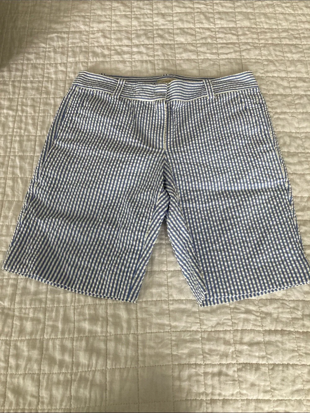 J. Crew Blue and White Striped Seersucker Flat-Front Shorts